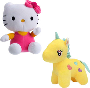 Toyhaven Cute and lovely soft toy set of 2 for kids (pink kitty , yellow unicorn) /soft toys for kids, birthday and other special occasions.  - 25 cm