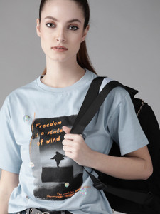 Roadster Printed Women Round Neck Blue T-Shirt