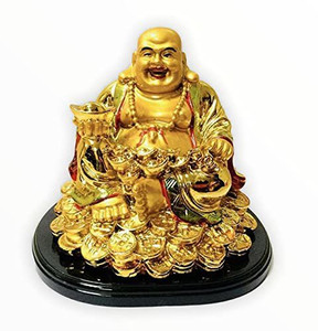 TIRALS Laughing Buddha Sitting on Luck Coins and Carrying Ingot potli , Happy Man for Good Luck, Wealth, Prosperity at Home, Office Decorative Showpiece Decorative Showpiece - 8 cm