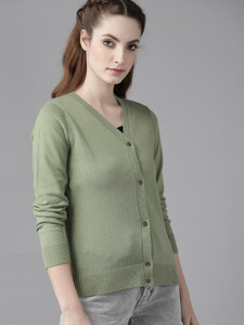 Roadster Solid V Neck Casual Women Green Sweater