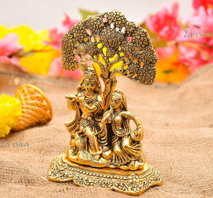 Koolwal craft Metal Radha krishna sitting under tree playing flute Decorative Decorative Showpiece  -  14 cm