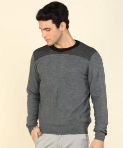 रेमंड पुरुषों के लिए कैज़ुअल कलरब्लॉक ग्रे गोल गला स्वेटर
