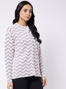 Rivza Chevron/Zig Zag Round Neck Casual Women Purple Sweater