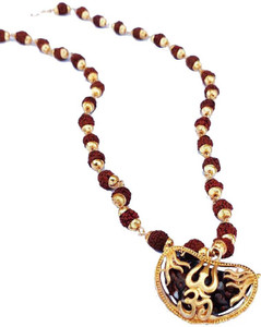 LETNIX Religious Jewellery Rudraksha Cap Mala With Ohm Trishul Locket Ek Mukhi Gold-plated Plated Brass, Wood Chain