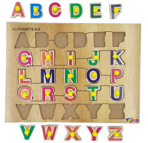 Toyco Wooden Colorful Montessori Alphabets (A - Z) Learning Educational Board Tray with Knobs for Kids Age 3+ Years, Puzzle Tray Size - 21 X 28 cm