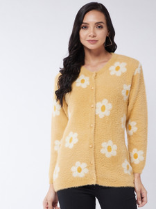 Modeve Floral Print V Neck Casual Women Yellow Sweater