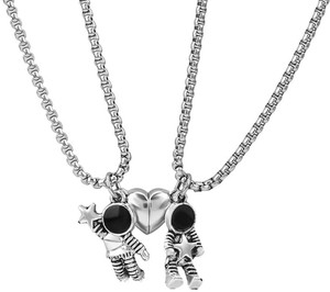 SILVOSWAN Valentine day Gift Astronaut Couple Pendant Mutual Attraction Magnet Matching Spaceman Couple Pendant Necklace Silver Cubic Zirconia Stainless Steel Locket Set