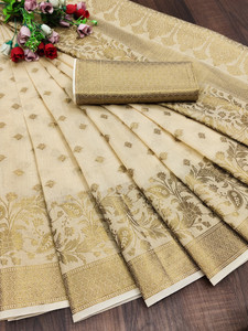KREZVI Printed, Self Design, Woven, Floral Print Banarasi Jacquard, Cotton Silk Saree
