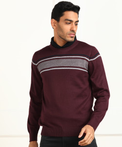 Raymond Striped Crew Neck Casual Men Maroon Sweater