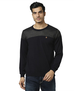 Raymond Colorblock Round Neck Casual Men Dark Blue Sweater