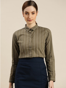 Hancock Women Striped Formal Green Shirt