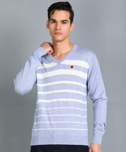 रेमंड पुरुषों के लिए कैज़ुअल धारीदार नीला V नेक स्वेटर