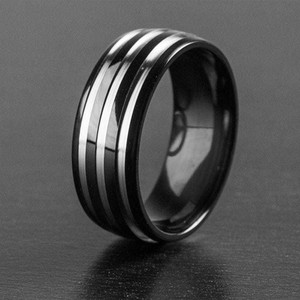 HOUSEOFTRENDZZ MEN'S BLACK PLATTED TITANIUM BRUSHED AND POLISHED STRIPED RING (1 PIECE) Stainless Steel Titanium Plated Ring