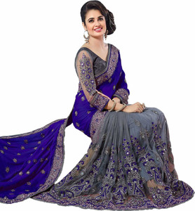 Fancy Fab Embroidered, Blocked Printed, Embellished, Dyed, Solid/Plain Bollywood Silk Blend, Satin Saree
