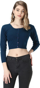 Knitco Solid Round Neck Casual Women Blue Sweater