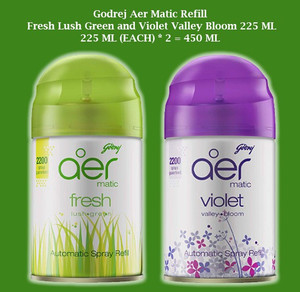 Godrej LUSH GREEN, LAVANDER Refill AER MATIC FRESH LUSH GREEN AND VIOLET VALLEY BLOOM REFILL 225 ML ( 225 ML EACH * 2 = 450 ML)