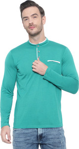 Jangoboy Solid Men Mandarin Collar Light Green T-Shirt