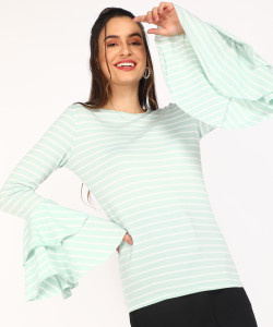 Urbanic Casual Full Sleeve Striped Women Green, White Top