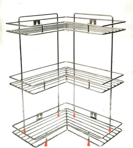 IRONTECH Containers Kitchen Rack Steel Stainless Steel 3 Tier L-Corner Stand for Kitchen and Bathroom, Multipurpose Storage Organizer, Shelf Rack, Bathroom Shelf Wall Mounted, Chrome Finish, Size: 31 x 31 x 33 cm