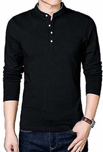 Trendfull Solid Men Mandarin Collar Black T-Shirt