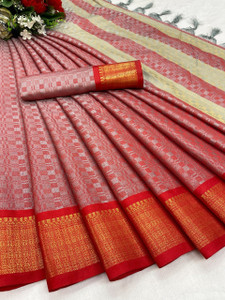 VRINDITA FASHION Temple Border, Striped, Woven, Embellished, Solid/Plain Daily Wear Art Silk, Cotton Silk Saree