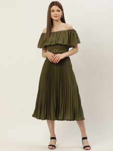SLENOR Women Pleated Green Midi/Calf Length Dress