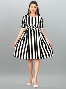 KRINTH Women A-line Black, White Knee Length Dress