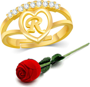 Kanak Jewels Heart Alphabet Letter Initial R Ring with Rose Box Gold Plated Ring KJRBG133 Brass Cubic Zirconia Gold Plated Ring