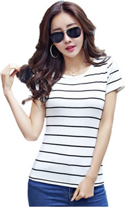 Realglimpse Striped Women Round Neck White T-Shirt