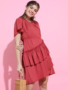 Tokyo Talkies Women Ruffled Red Above Knee/Mid Thigh Length Dress
