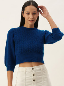 STREET9 Woven Round Neck Casual Women Blue Sweater
