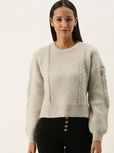 STREET9 Self Design Round Neck Casual Women Beige Sweater