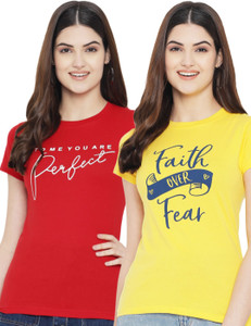 Fabflee Printed Women Round Neck Red, Yellow T-Shirt