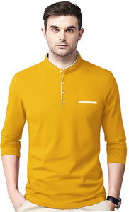Adorbs Solid Men Mandarin Collar Yellow T-Shirt