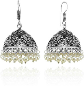 KYOOT JEWELS Oxidized Silver Plated White Pearl Drop Fish hook Design Jhumka Pearl German Silver Jhumki Earring