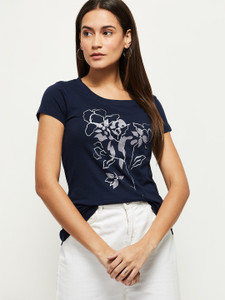 MAX Printed Women Round Neck Dark Blue T-Shirt