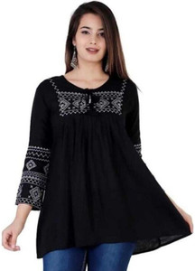 anoj Casual Embroidered, Geometric Print Women Black Top