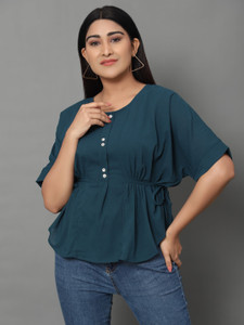 Brucella Casual Solid Women Light Blue Top