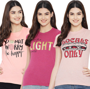 Fabflee Typography Women Round Neck Pink T-Shirt