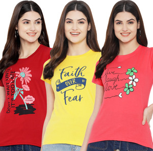 Fabflee Typography Women Round Neck Multicolor T-Shirt
