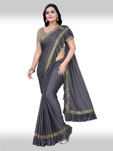 ecolors fab प्रिंटेड, सेल्फ डिज़ाइन, सॉलिड/प्लेन बॉलीवुड लाइक्रा ब्लेंड, लेस साड़ी