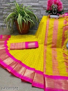 WINKLECART चेकर्ड हैंडलूम कॉटन सिल्क साड़ी