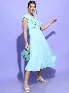 Tokyo Talkies Women Pleated Light Blue Midi/Calf Length Dress