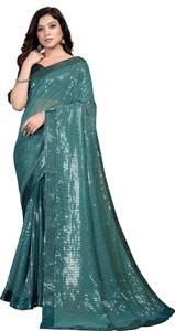 PRATHAM BLUE Self Design, Embroidered, Embellished Bollywood Georgette Saree