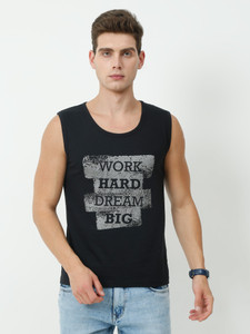 Fleximaa Printed Men Round Neck Black T-Shirt