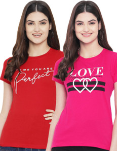 Fabflee Typography Women Round Neck Red, Pink T-Shirt