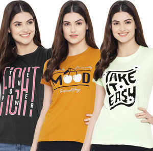 Fabflee Printed Women Round Neck Grey, Yellow, Light Green T-Shirt