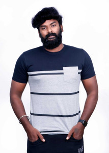 The Fashion Factory Striped Men Round Neck Black T-Shirt
