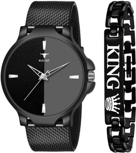 RUSTET Designer Round Dial PU Strap Boy’s Watch & Bracelet Combo Analog Watch – For Men
