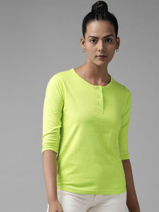 THE DRY STATE Solid Women Henley Neck Green T-Shirt